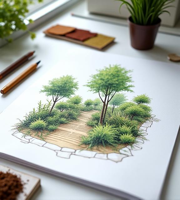 Schizzo di progettazione di un giardino con campioni di piante e materiali.