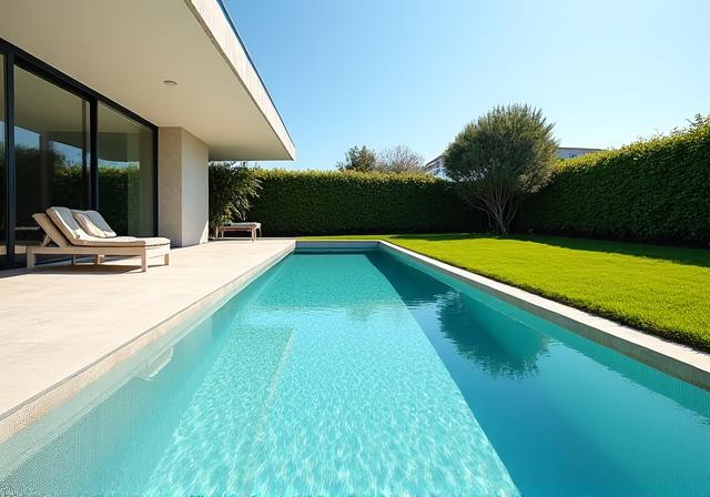 Un giardino dal design minimalista con una piscina a sfioro e prato inglese.