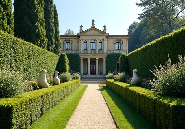 Giardino rigoglioso di una villa storica con statue e siepi formali.