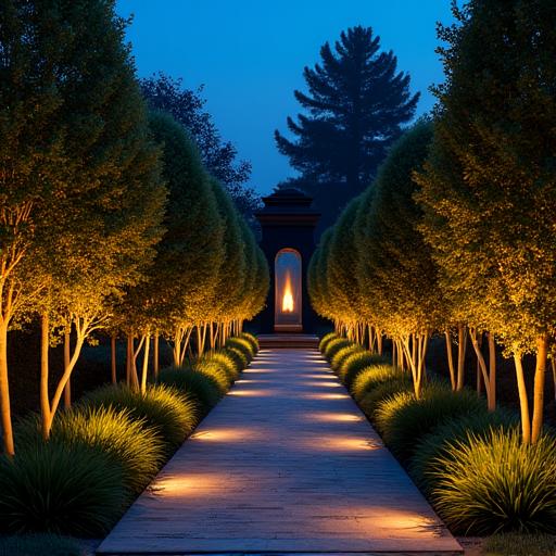 Un giardino elegantemente illuminato durante le ore serali.