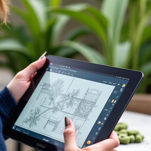 Un architetto paesaggista che lavora a un progetto su un tablet.
