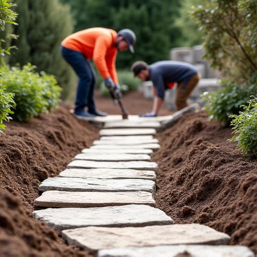 Lavoratori che installano un sentiero in pietra in un giardino.